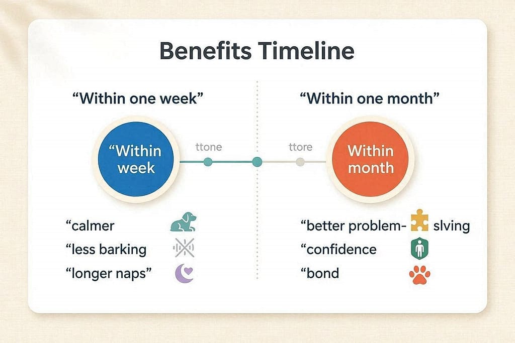 Benefits timeline graphic Within One Week: Calmer, less barking, longer naps. Within One Month: Better problem-solving, confidence, bond.