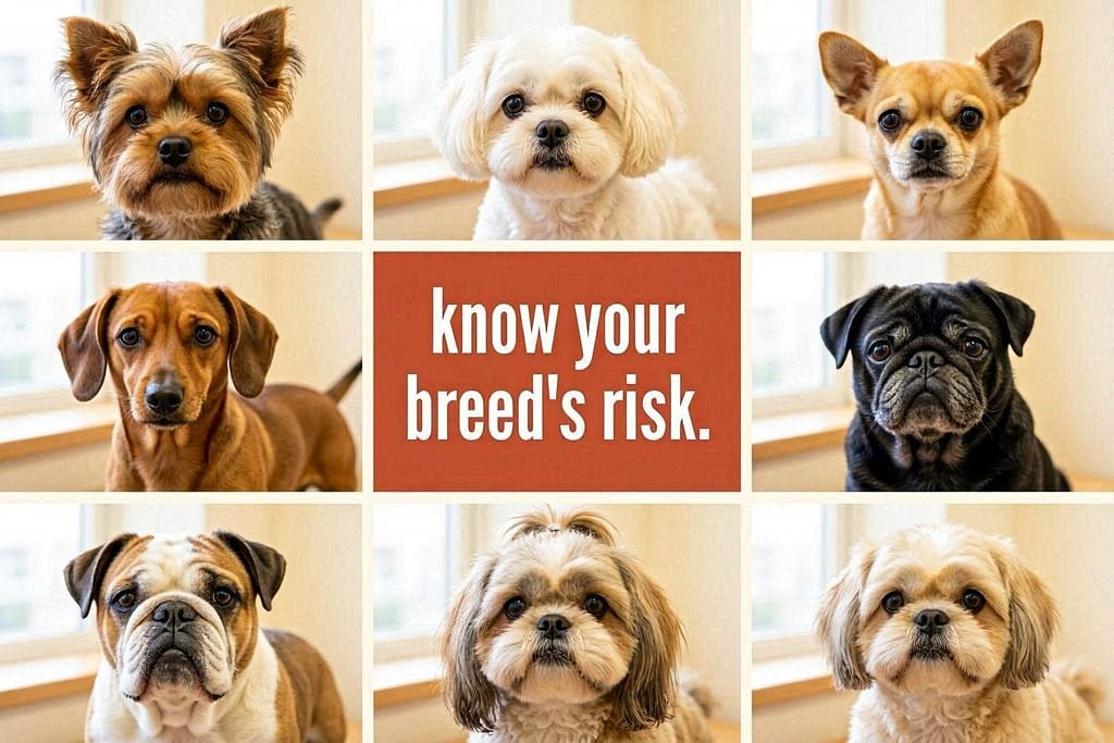 High-risk breed grid Yorkies, Maltese, Chihuahuas, Dachshunds, Pugs, Bulldogs, Shih Tzus, Lhasa Apsos. Text: "Know your breed's risk."