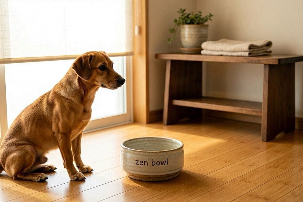 "Zen Bowl" with dog silhouette waiting calmly by food bowl.