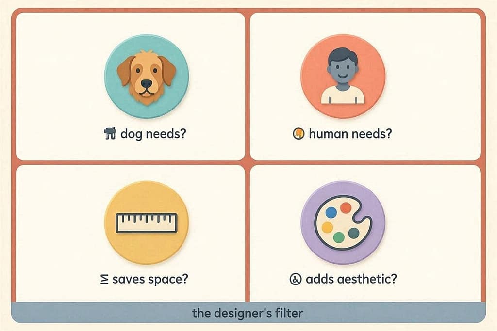 Four icons with questions: 🐕 Dog needs? 🧑 Human needs? 📏 Saves space? 🎨 Adds aesthetic? Text: "The Designer's Filter"