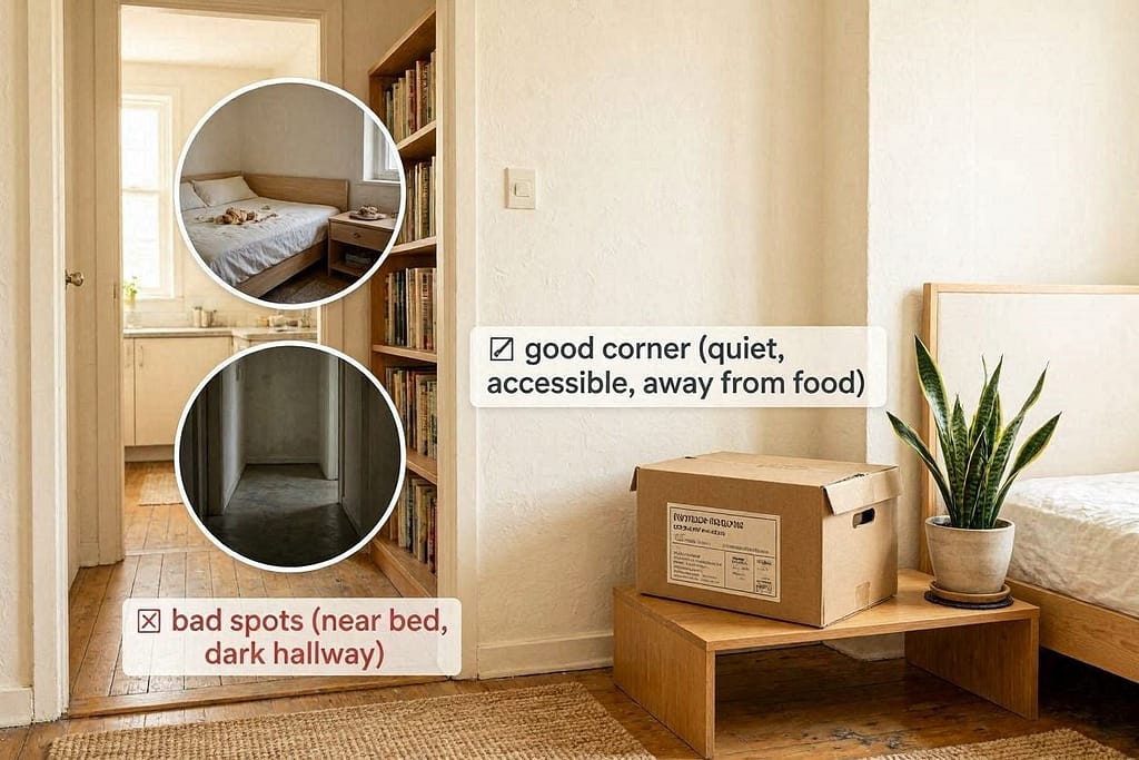 Real apartment corner with box placed correctly. Label: ✅ Good corner (quiet, accessible, away from food) and ❌ Bad spots (near bed, dark hallway)