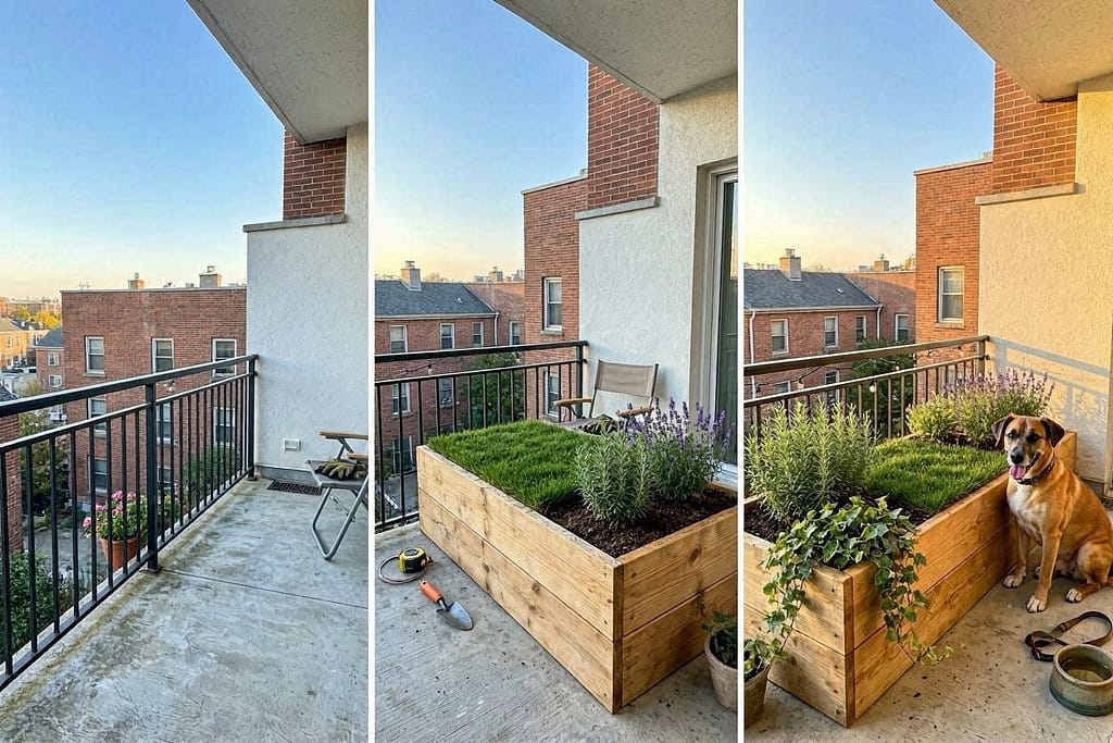 3 images: Empty balcony → DIY raised planter with grass → Final with real plants and dog using it.
