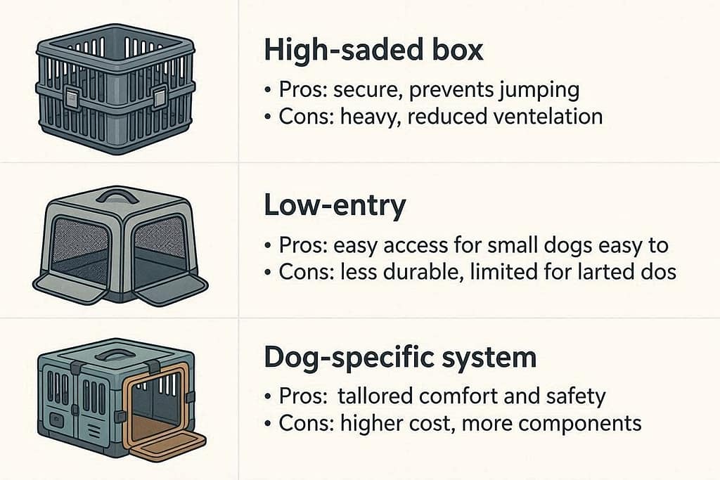 Row 1: High-sided box / Row 2: Low-entry / Row 3: Top-entry / Row 4: Dog-specific system. Label pros/cons briefly on each.