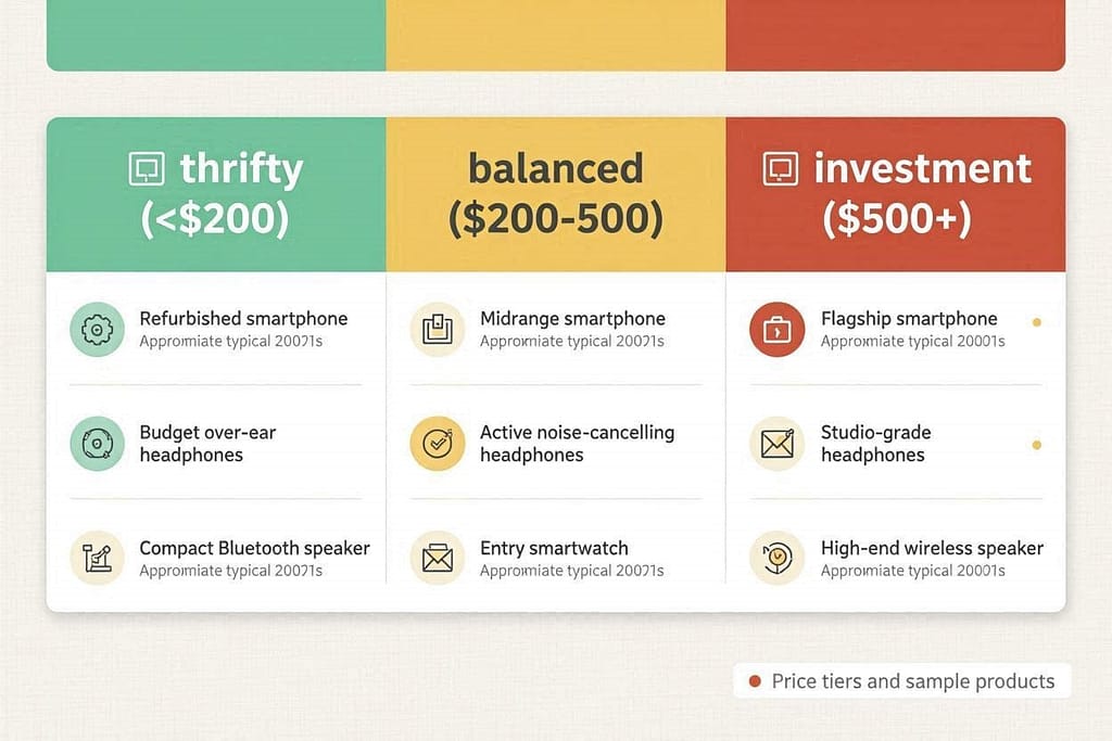 Three columns: 🟢 Thrifty (<$200) / 🟡 Balanced ($200-500) / 🔴 Investment ($500+). Each with 3 example items and icons.