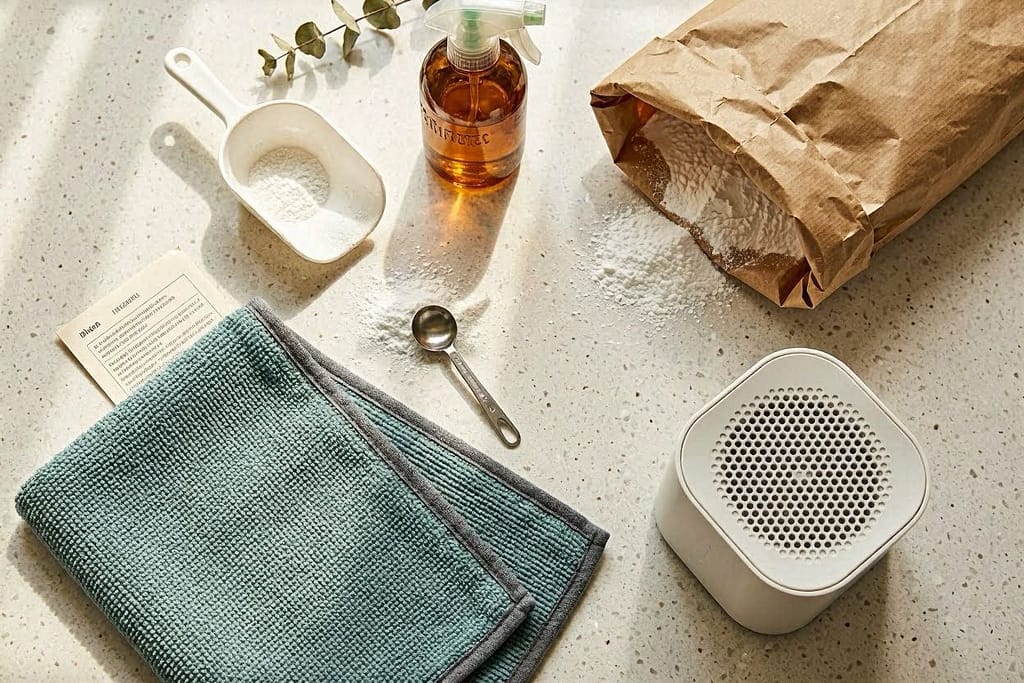 Flat lay: scoop, enzyme spray, baking soda, air purifier, washable mat