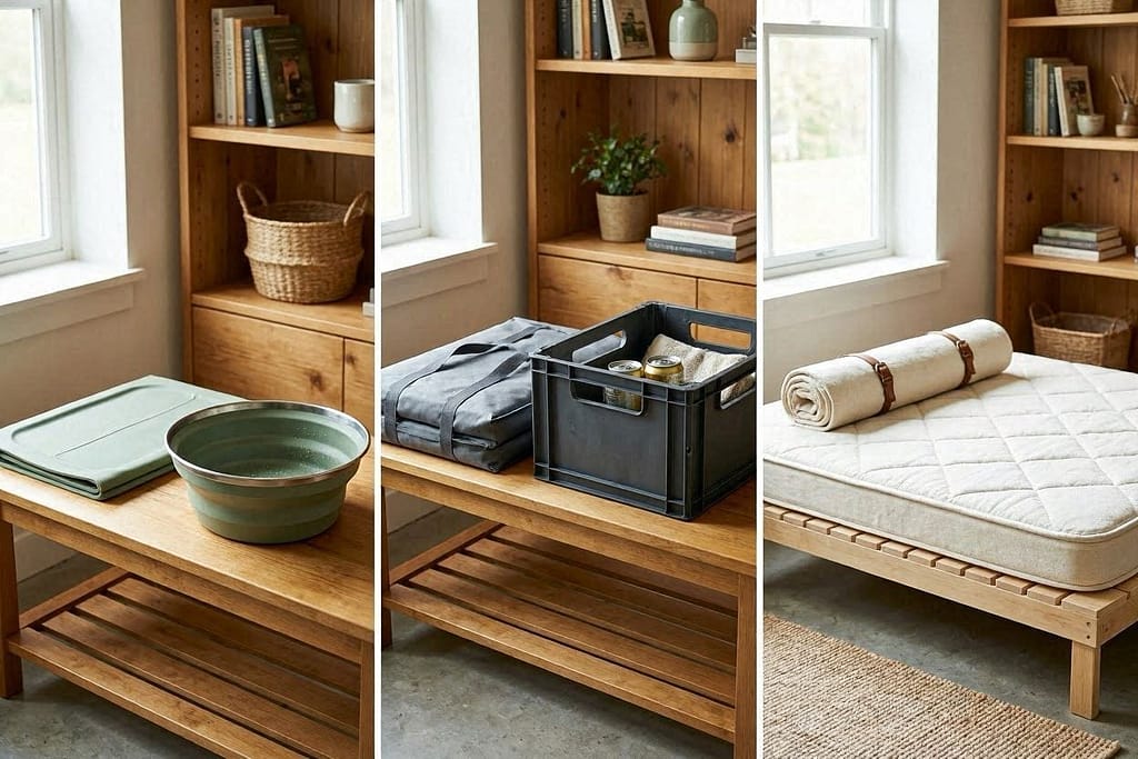 Collapsible bowl (flat vs. open), foldable crate (stored vs. set up), roll-up bed (rolled vs. laid out).
