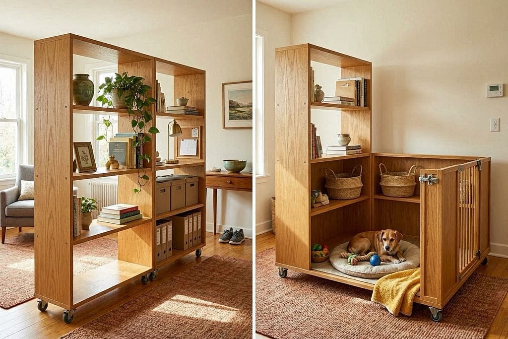 Scene 1: Bookshelf on casters dividing room, human side with decor. Scene 2: Same bookshelf rolled to create playpen, dog side with toys visible.