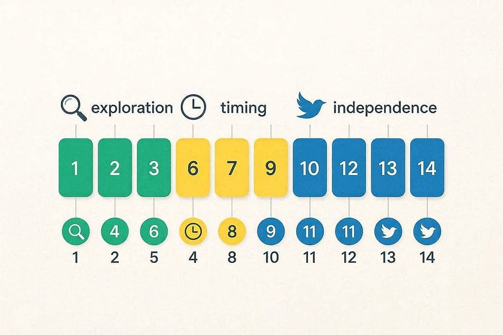 Horizontal bar showing Days 1-14. Color-coded phases: 🟢 Exploration → 🟡 Timing → 🔵 Independence. Icons for each phase.