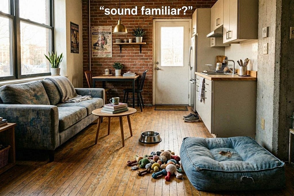 A realistic (slightly messy) 600 sq ft studio with dog bed, toy pile, water bowl in walkway. Relatable, not staged. Text overlay: "Sound familiar?"