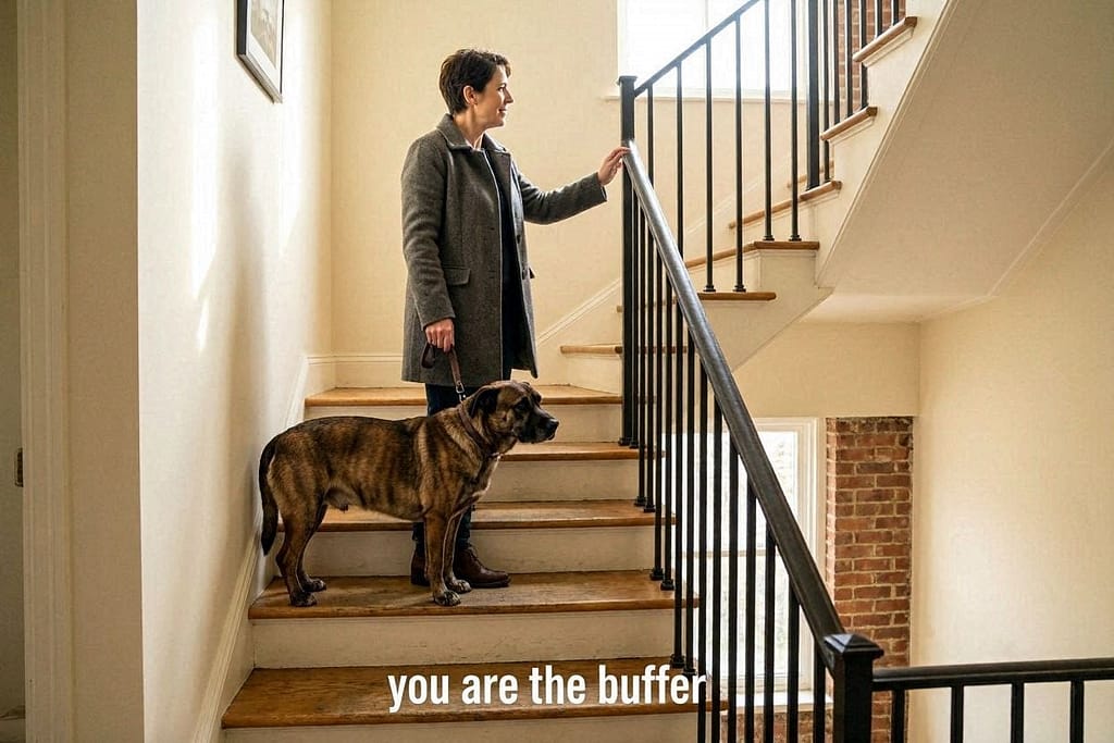 Cross-section of stairwell: Dog on wall side, owner between dog and railing/open side. Text: "You are the buffer"