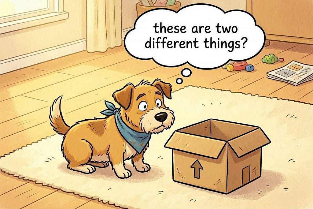 Cartoon: dog pooping next to box, thought bubble "These are two different things?"
