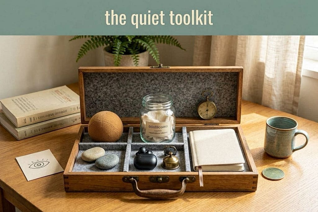 👀 Watch Me / 🟢 Place / 🔊 Desensitization / 😌 Calmness Capturing. Text: "The quiet toolkit"