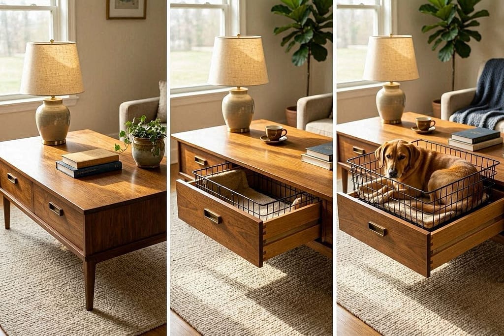 Image 1: Stylish coffee table with lamp/books. Image 2: Same table, drawer open revealing wire crate inside. Image 3: Dog inside cozy crate.