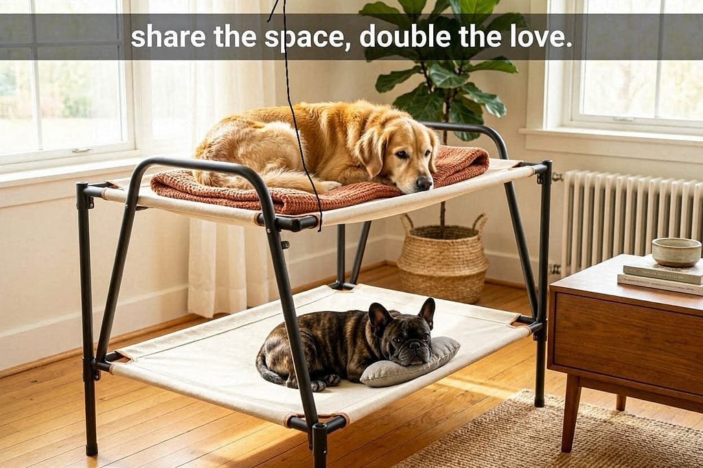 Stacked dog beds or elevated cots with two dogs resting. Text: "Share the space, double the love."