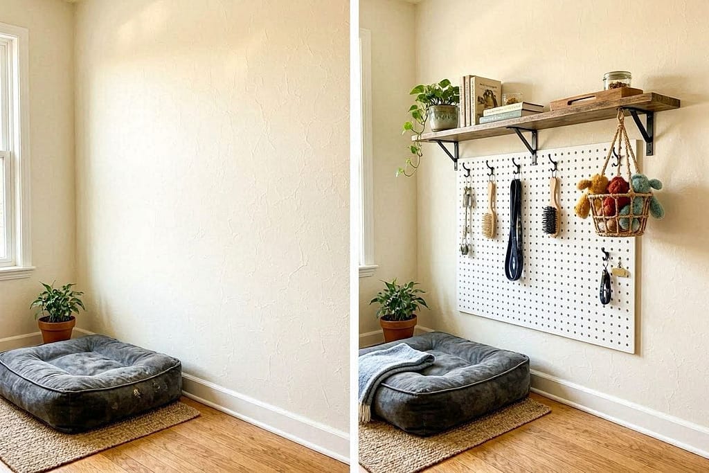 Same corner: Before = empty wall above dog bed. After = wall-mounted shelf + pegboard + hanging toy basket.