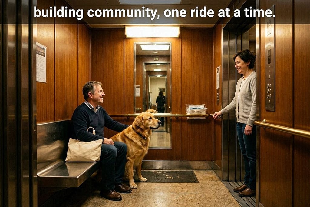 Owner and dog calmly sitting in elevator, neighbor smiling, dog looking at owner, relaxed atmosphere. Text: "Building community, one ride at a time."