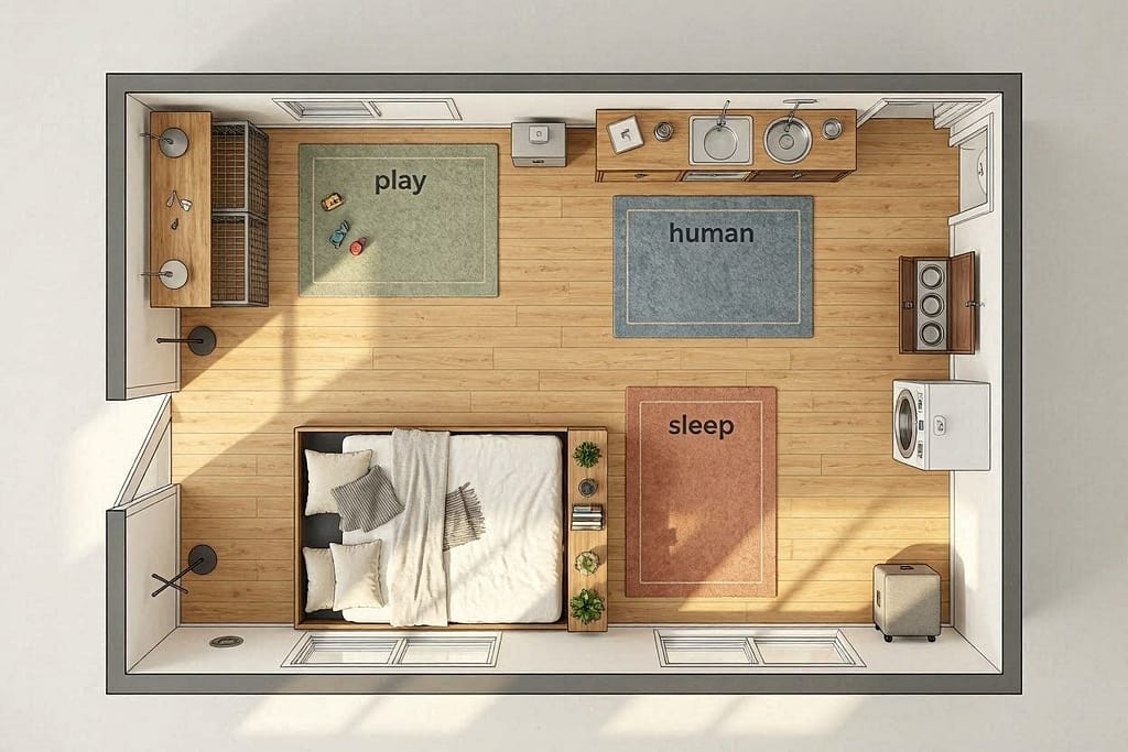 400 sq ft studio layout showing: crate/table combo, under-bed dog nook, fold-away feeder, zone rugs (play/sleep/human).