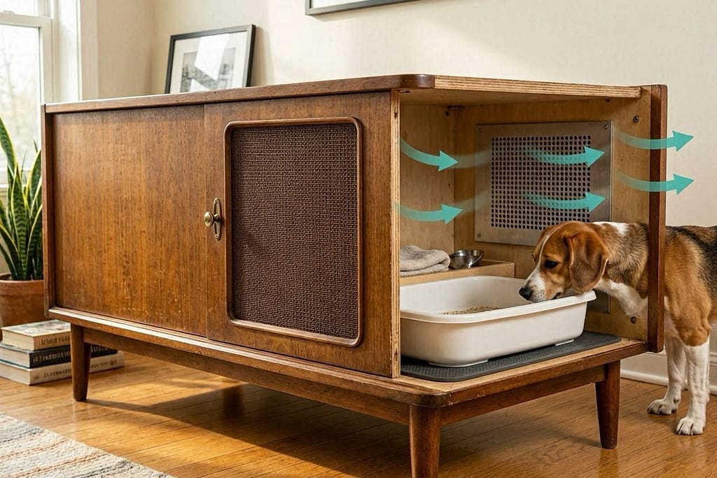 Before: Vintage TV console (closed). After: Side panel cut out, dog entering, cabinet interior with litter tray. Ventilation arrows added.