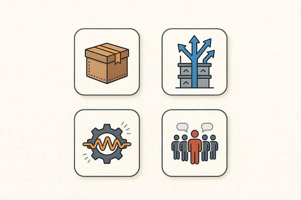 Icons: Confinement (small box), Unpredictability (arrow from multiple floors), Mechanical sounds (soundwave), Social pressure (people silhouettes).
