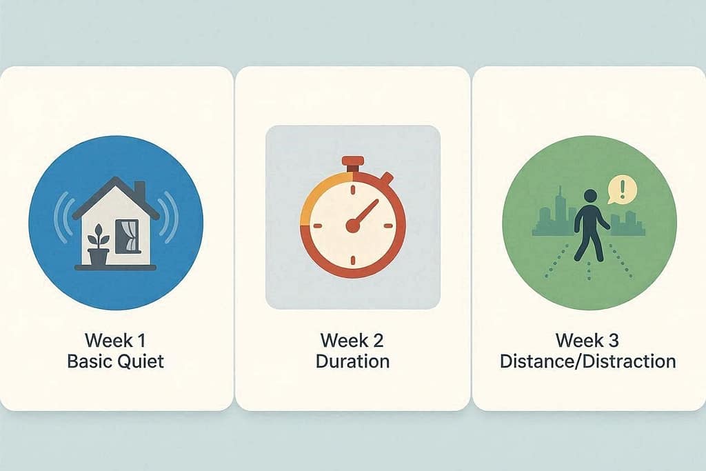 3 phases: Week 1 (Basic Quiet) → Week 2 (Duration) → Week 3 (Distance/Distraction). Icons for each.