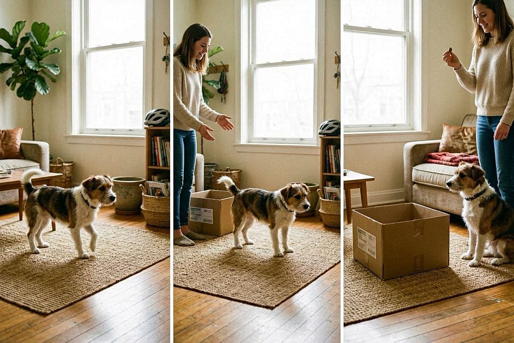 Sequence: dog circling → owner leading to box → dog using → owner giving treat