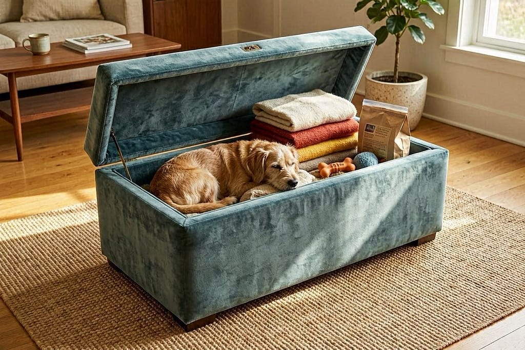 Ottoman shown 50% open: top has dog resting, interior shows folded blankets, toys, food bag.