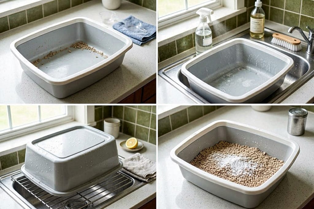 4 photos: Empty box → Wash with vinegar → Dry → Fresh litter + baking soda layer