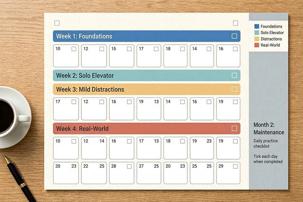 Month view with weeks color-coded: Week 1 (Foundations), Week 2 (Solo Elevator), Week 3 (Mild Distractions), Week 4 (Real-World), Month 2 (Maintenance). Checkboxes for daily practice.