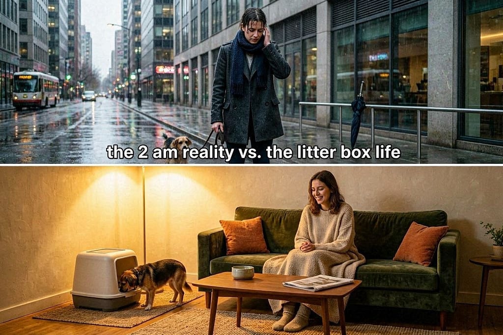 Split image: Top = person holding leash in rain outside high-rise (sad face). Bottom = same person cozy on couch, dog using litter box (happy face). Text overlay: "The 2 AM Reality vs. The Litter Box Life"
