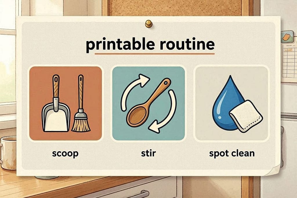 Morning/Evening tasks as icons: 🧹 Scoop → 🔄 Stir → 💧 Spot clean. Can be pinned as "printable routine"