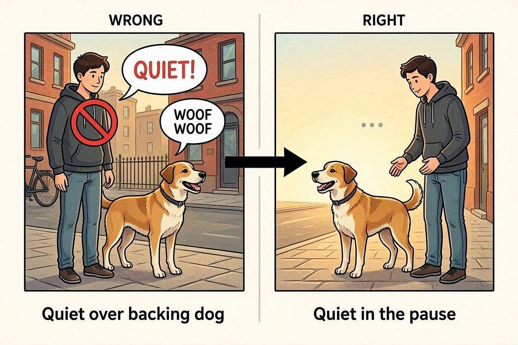 Wrong: saying "Quiet" over barking dog. Right: saying "Quiet" in the pause. Arrow.