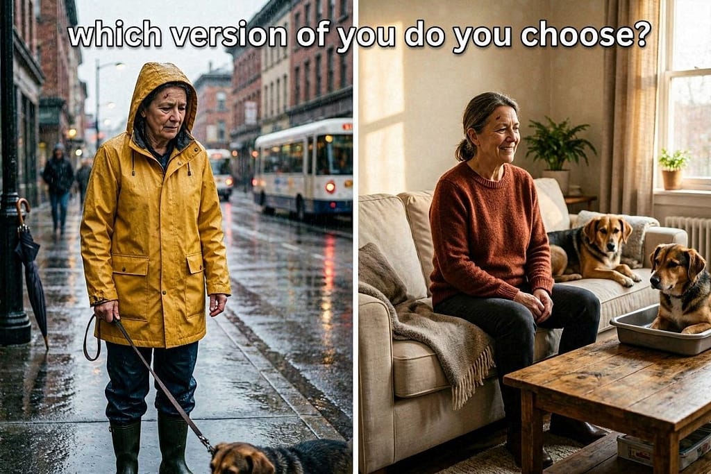 Before: Owner in rain gear, tired, holding leash. After: Same owner smiling on couch, dog using box in background. Text: "Which version of you do you choose?"