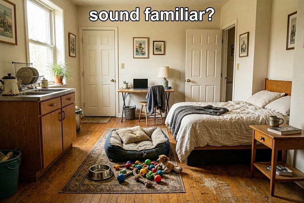 A realistic (slightly messy) 600 sq ft studio with dog bed, toy pile, water bowl in walkway. Relatable, not staged. Text overlay: "Sound familiar?"
