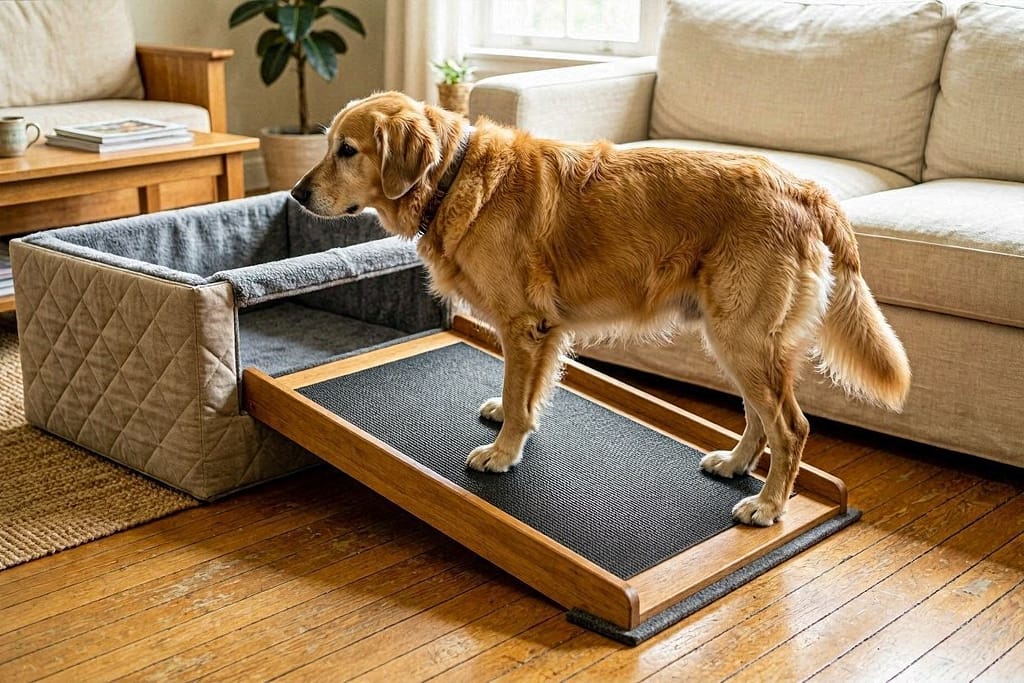 Senior dog with ramp leading to low‑entry box, non‑slip mat