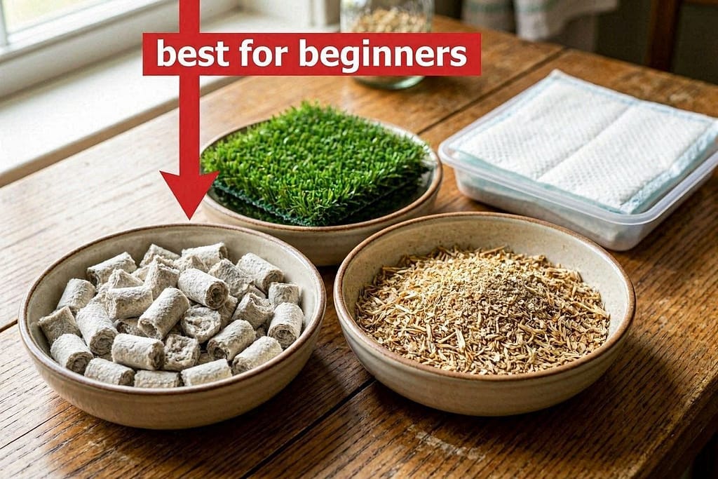 4 small bowls: Paper pellets / Grass pad / Wheat litter / Potty pad tray. Show texture close-up. Arrow pointing to paper pellets: "Best for beginners"