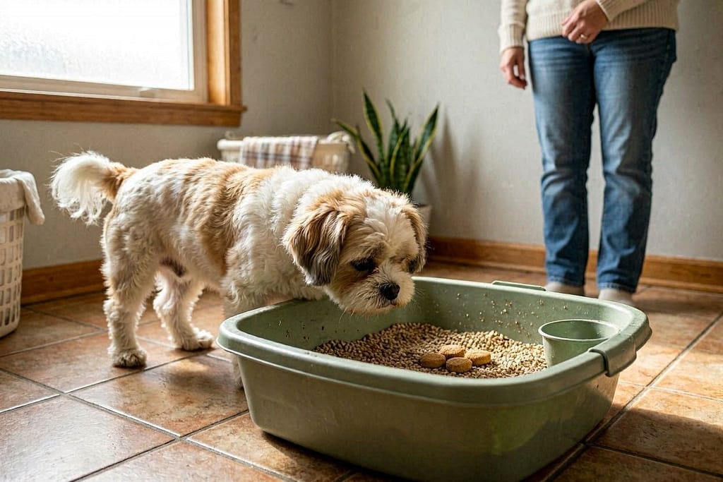 Dog sniffing litter box with treats visible inside, owner watching calmly
