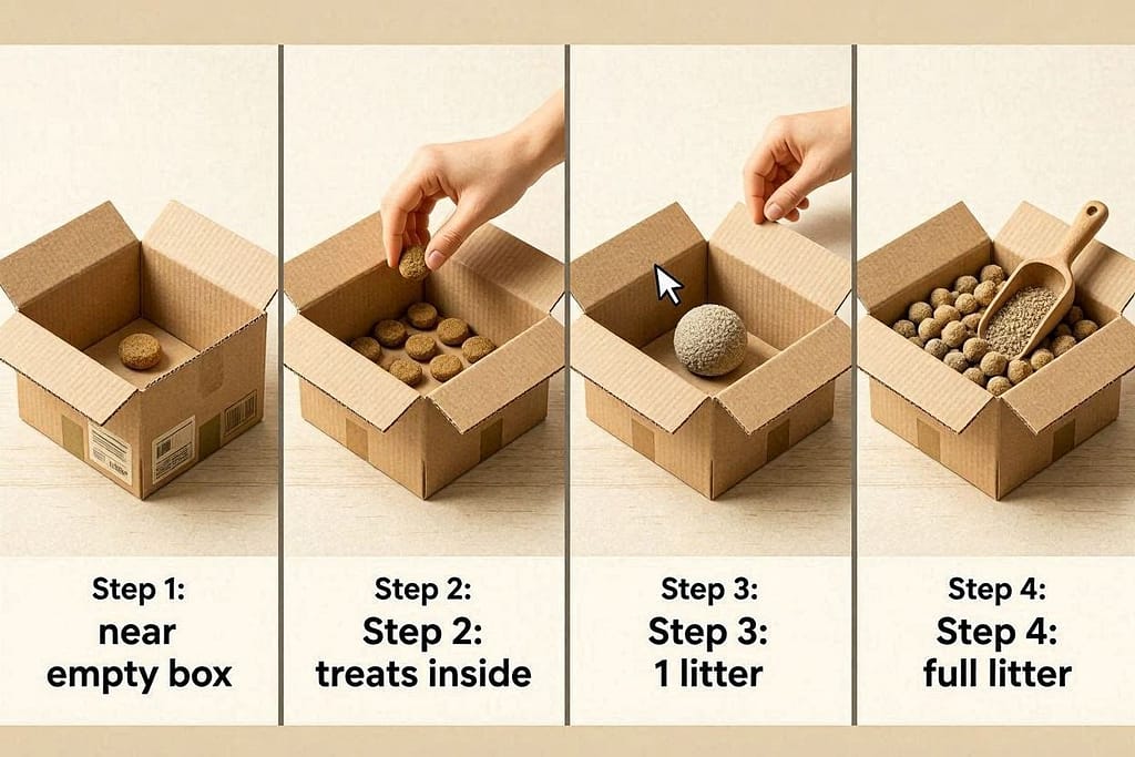 Step 1: Treats near empty box → Step 2: Treats inside → Step 3: 1" litter → Step 4: Full litter. Photos or icons for each.