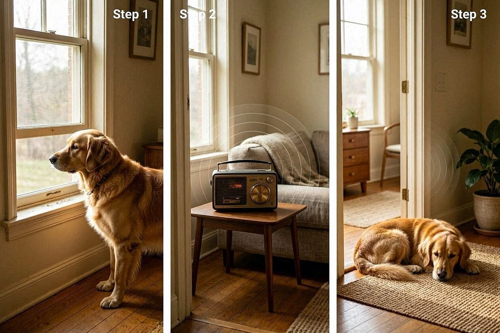 Dog → window (slightly open) → radio on low → different room. Steps labeled.