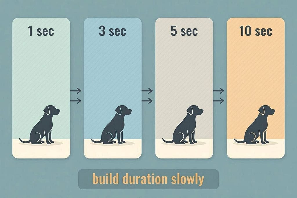 1 sec → 3 sec → 5 sec → 10 sec with dog silhouette quiet. Text: "Build duration slowly"