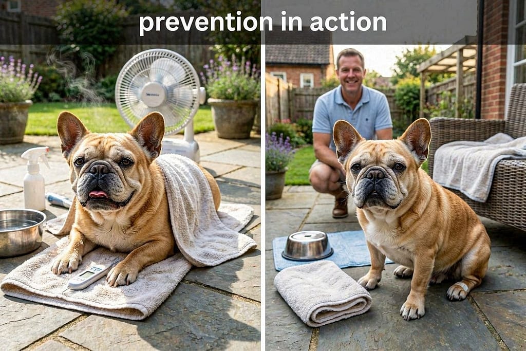 Buster before/after Before: close call, cooling protocol. After: healthy, happy. Text: "Prevention in action."