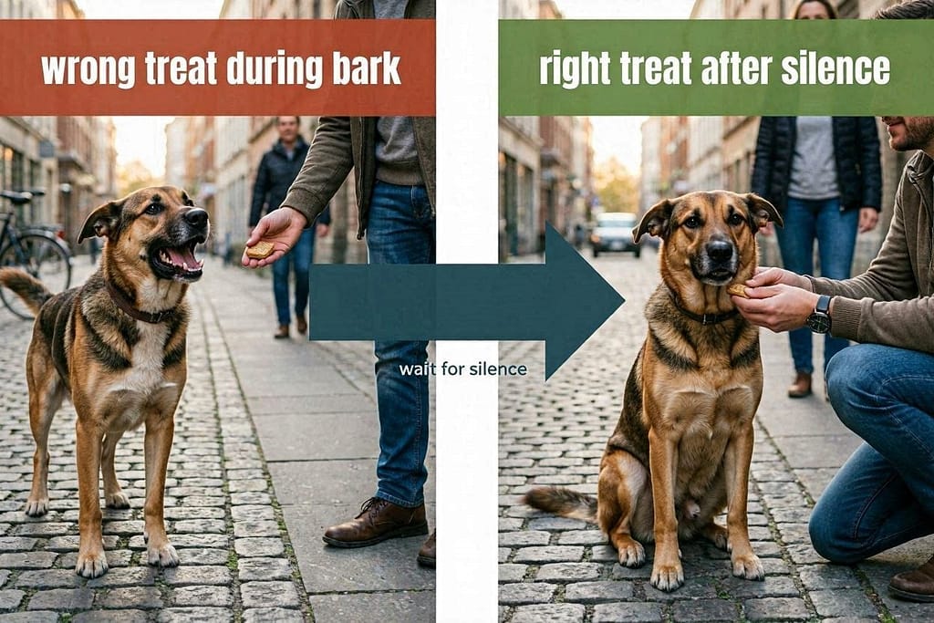 Wrong: treat during bark. Right: treat after silence. Arrow.
