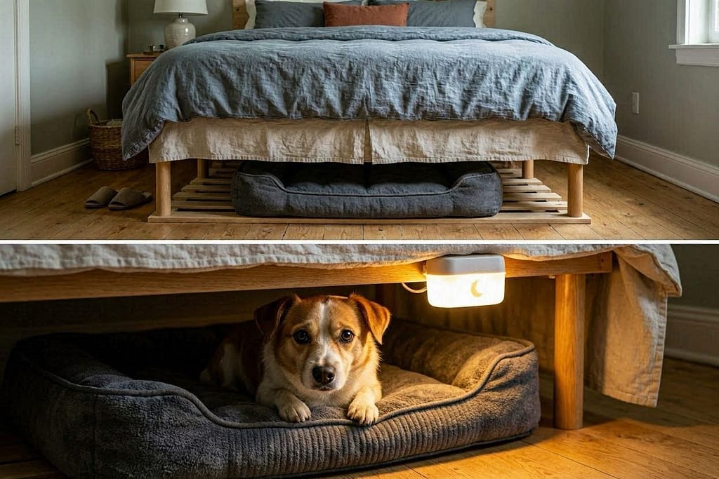 Top: Bed with risers, dog bed peeking out. Bottom (inset): Close-up of dog in under-bed nook with night light.
