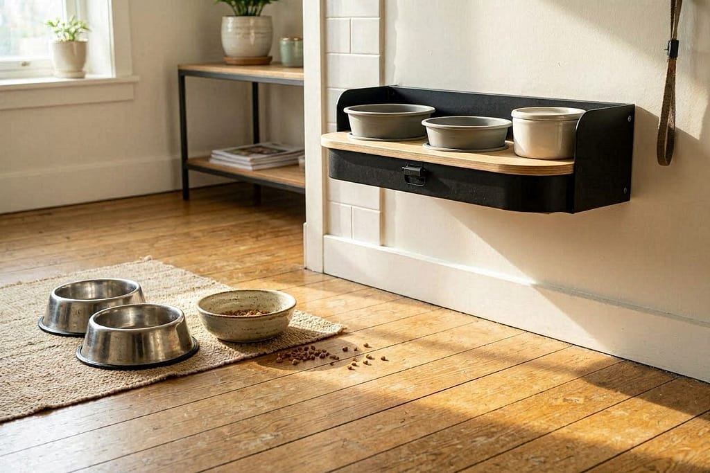 Left: Bowls on floor taking up space. Right: Wall-mounted feeding station with bowls tucked away.