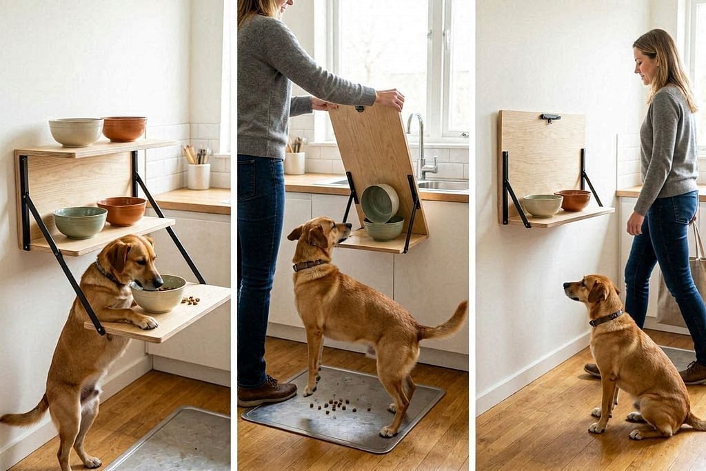 Wall-mounted foldable shelf with bowls → dog eats → owner folds it flat against wall → walks past easily.
