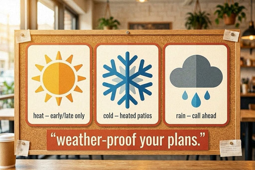 Weather icons ☀️ Heat (early/late only), ❄️ Cold (heated patios), 🌧️ Rain (call ahead). Text: "Weather-proof your plans."