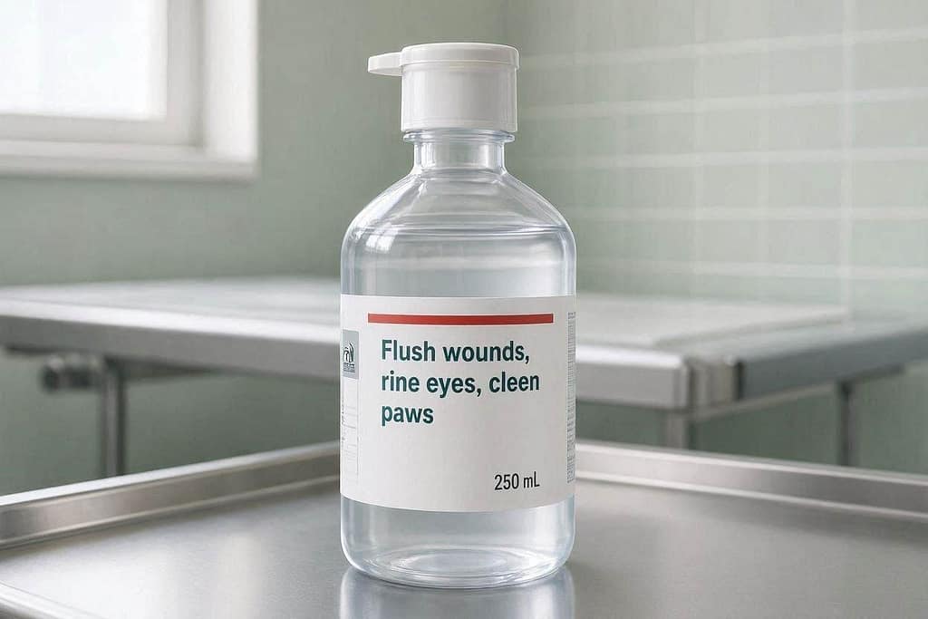 Saline bottle photo 250ml sterile saline bottle. Text: "Flush wounds, rinse eyes, clean paws."