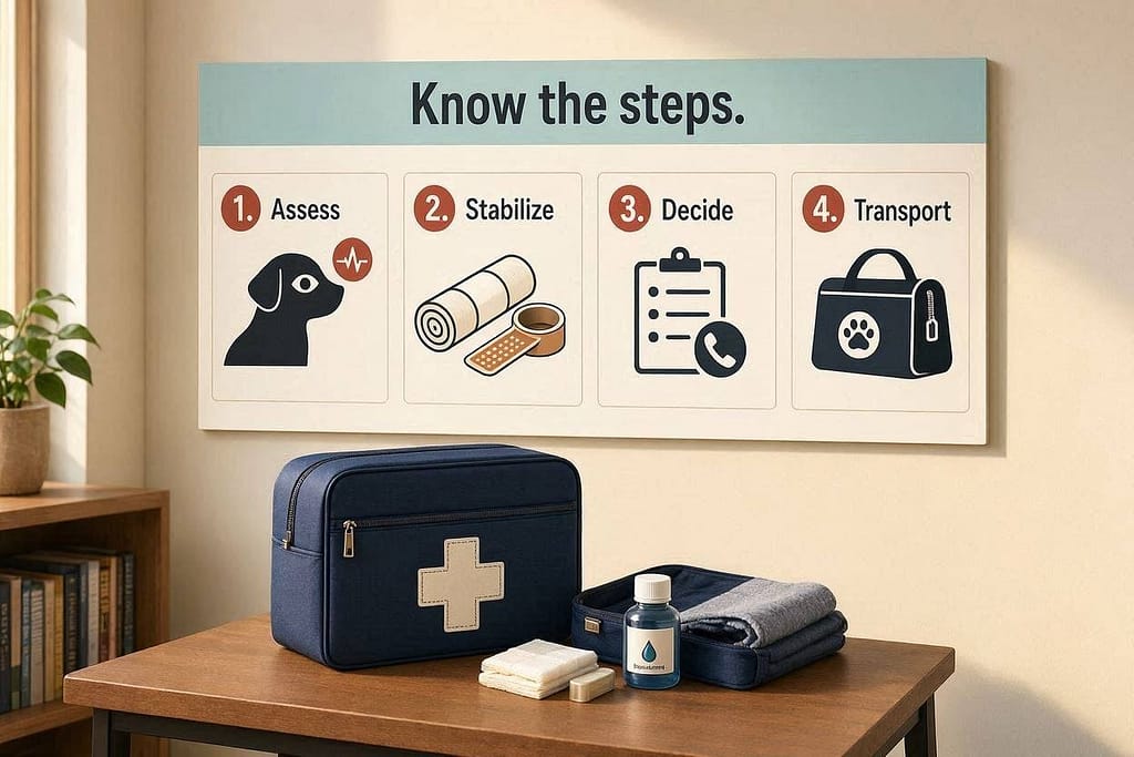 4-step infographic 1. Assess / 2. Stabilize / 3. Decide / 4. Transport. Text: "Know the steps."