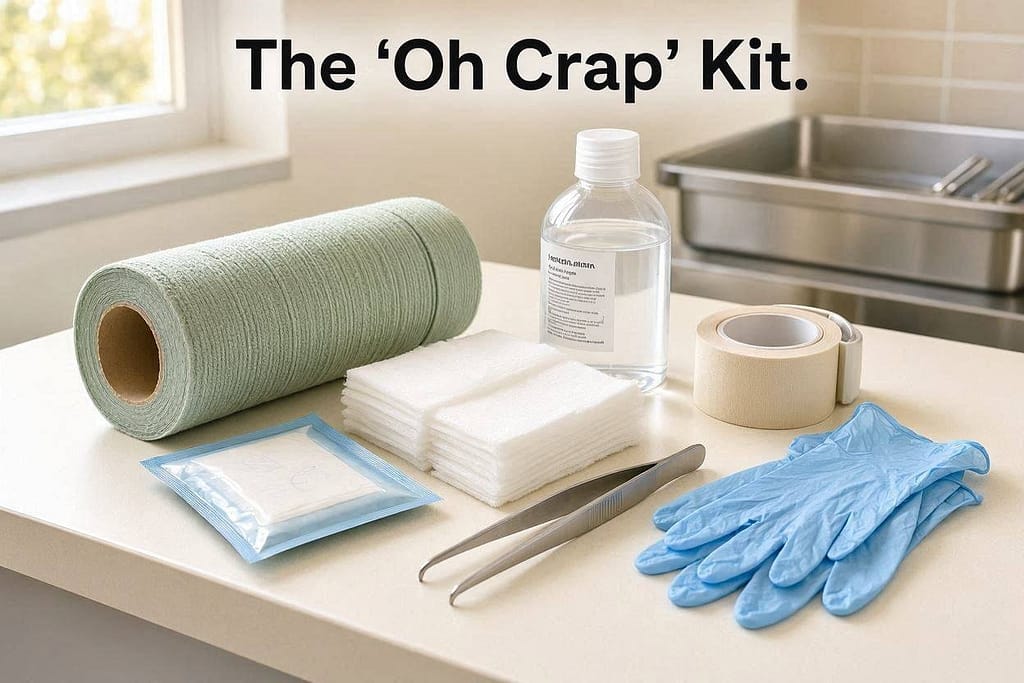 Wound care category photo All wound care items arranged: vet wrap, pads, saline, wipes, tweezers, gloves. Text: "The 'Oh Crap' Kit."