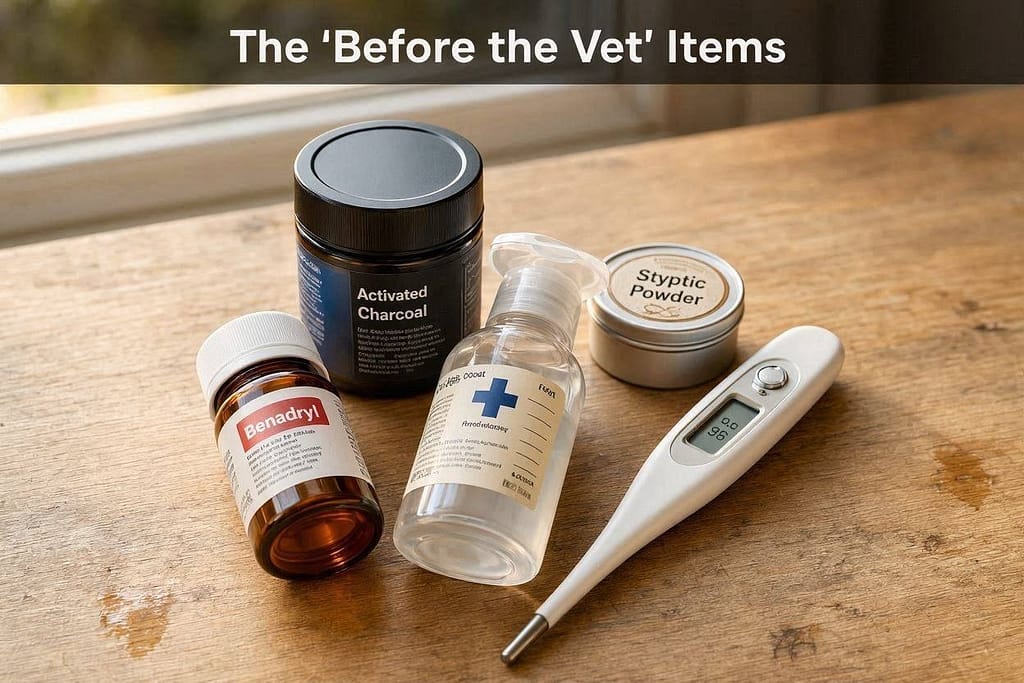 Medication category photo Benadryl, hydrogen peroxide, activated charcoal, styptic powder, thermometer. Text: "The 'Before the Vet' Items."