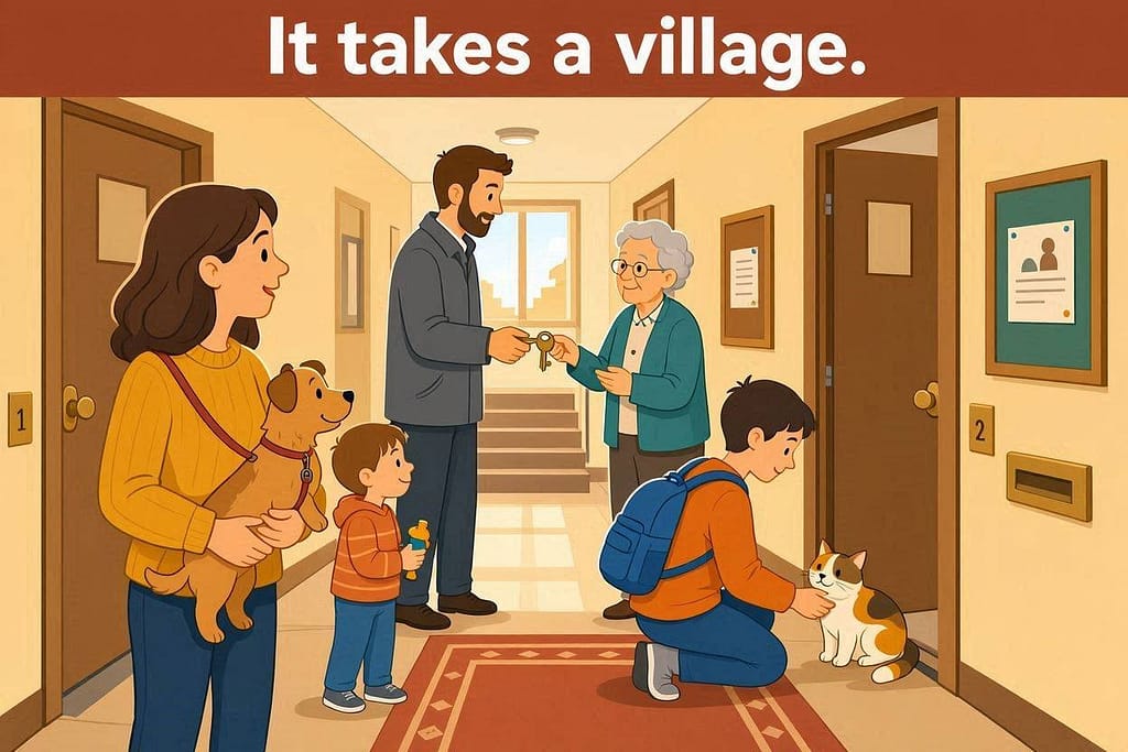 Building pet network graphic Multiple pet owners in building, keys exchange. Text: "It takes a village."
